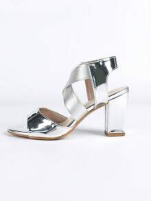 Sandalias de tacón grueso de punta abierta versátiles para mujer - Plateado - Ver 6