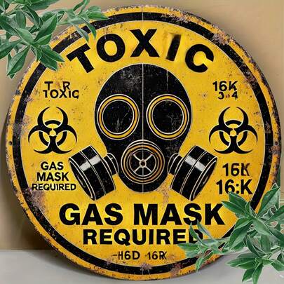 1pc Vintage Toxic Hazard Symbol With Gas Mask - Classic Metal Wall Art, Suitable For Home, Garage, Cafe, Bar And Living Room Decor, Pre-Drilled Holes As Shown In Size Chart