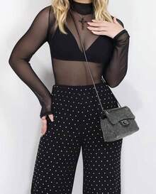 Women's Transparent Tulle Bodysuit Top, Thin Second Skin Fashion - Negro - Ver 1