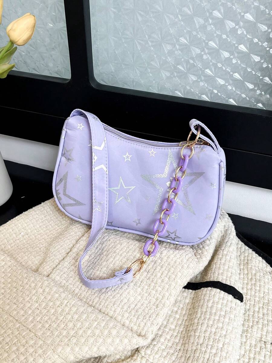 Bolso de mujer tipo baguette, diseño minimalista de cadena y estrella de cinco puntas, primavera/verano 2026 - Morado - Ver 1