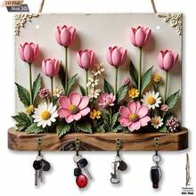 1pc Wooden Flat Key Holder With 4 Metal Hooks - "Que Dios Bendiga Este " Spanish Design, Floral Wall Decor, Suitable For Home, Porch, Villa - Multifunctional Seasonal Decoration, Key Hook Wall, Key Rack Wall, Key Hanger Wall, Key Hooks, Wooden Key Rack Wall - Multicolor - View 3