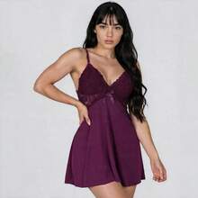 Sexy Lace Nightdress Backless Nightwear - 酒紅色 - 查看 2