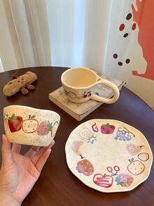 1pc Hand-Painted Graffiti Fruit Ceramic Coffee Cup & Saucer, Milk Mug, Rice Bowl, High-Quality Dessert Plate, Gift - Multicolor - View 10