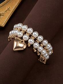 1pc Vintage Elegant Faux Pearl Double-Layer Handmade Beaded Bracelet With Heart Pendant, Delicate Sweet Accessory - Double Pearl Bracelet - View 4