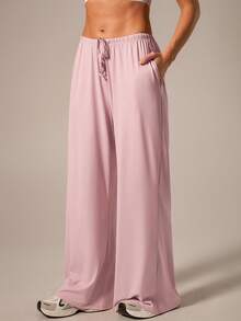NcmRyu 1 pieza Pantalones deportivos de mujer de unicolor, con cordón, cintura elástica, pierna ancha, corte relajado y bolsillos - Rosa - Ver 6