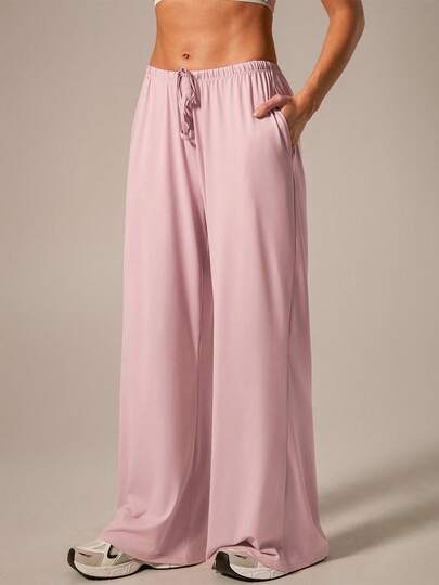 NcmRyu 1条女士纯色抽绳松紧腰阔腿宽松口袋运动裤