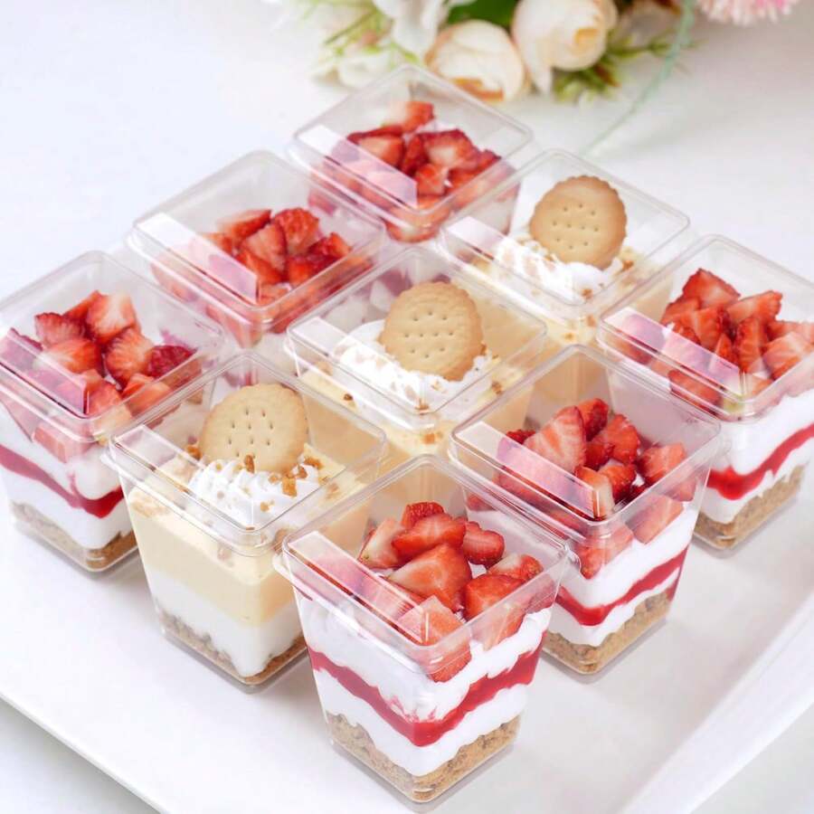10个5盎司方形透明甜点杯，带盖，欧式烘焙慕斯杯，家用布丁酸奶杯，咖啡馆下午茶水果杯，派对蛋糕杯 - 查看 1