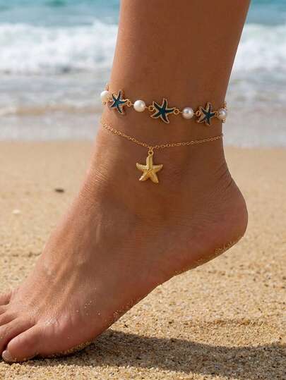 1 Pair New Creative Summer Beach Starfish Oil Drop & Pearl Anklet, Suitable For Beach Vacation, Dates, Parties And Other Occasions