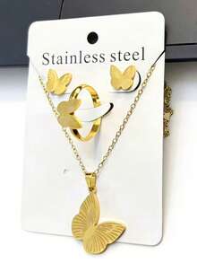 1 Set Stainless Steel Butterfly Jewelry Set, Heart Shaped Design, Classic Fashion, Earrings + Necklace + Ring, Mother's Day/Birthday/Valentine's Day Gift - Gold - View 11
