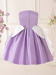 Young Girls' Sleeveless Beaded Contrast Color Big Bow Satin Elegant Flower Girl Dress, Suitable For Piano Recital, Wedding, Graduation, Prom, Celebration Events, Faux Pearl Decor (Headband Not Included) - Mauve Purple - View 5