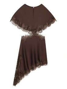 Brown Lace Mini Dress, Elegant Women's Summer Dress, Outfit For Party, Satin Cocktail Short Dress, Women's Holiday Attire - 咖啡棕 - 查看 6