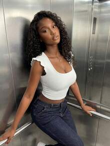 Camiseta ajustada de manga corta con cuello cuadrado, bajo con volantes y unicolor, adecuada para las temporadas de verano y primavera, color blanco casual - Blanco - Ver 1