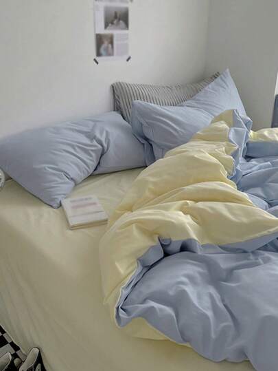 New Solid Color Patchwork Nordic Style Simple Polyester Duvet Cover 3 Pieces Set