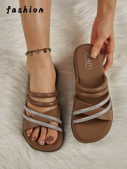 New Spring/Summer Women's Fashion Casual Rhinestone Criss-Cross Slip-On Breathable Anti-Slip Slippers, Suitable For Beach, Home, Office, Walking, Versatile Brown & Contrast Color Design