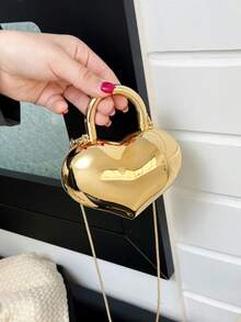 Glossy Heart-Shaped Metal Chain Bag, Sweet & Cool Mini Handbag, Party Style Shoulder Crossbody Bag - Multicolor - View 16
