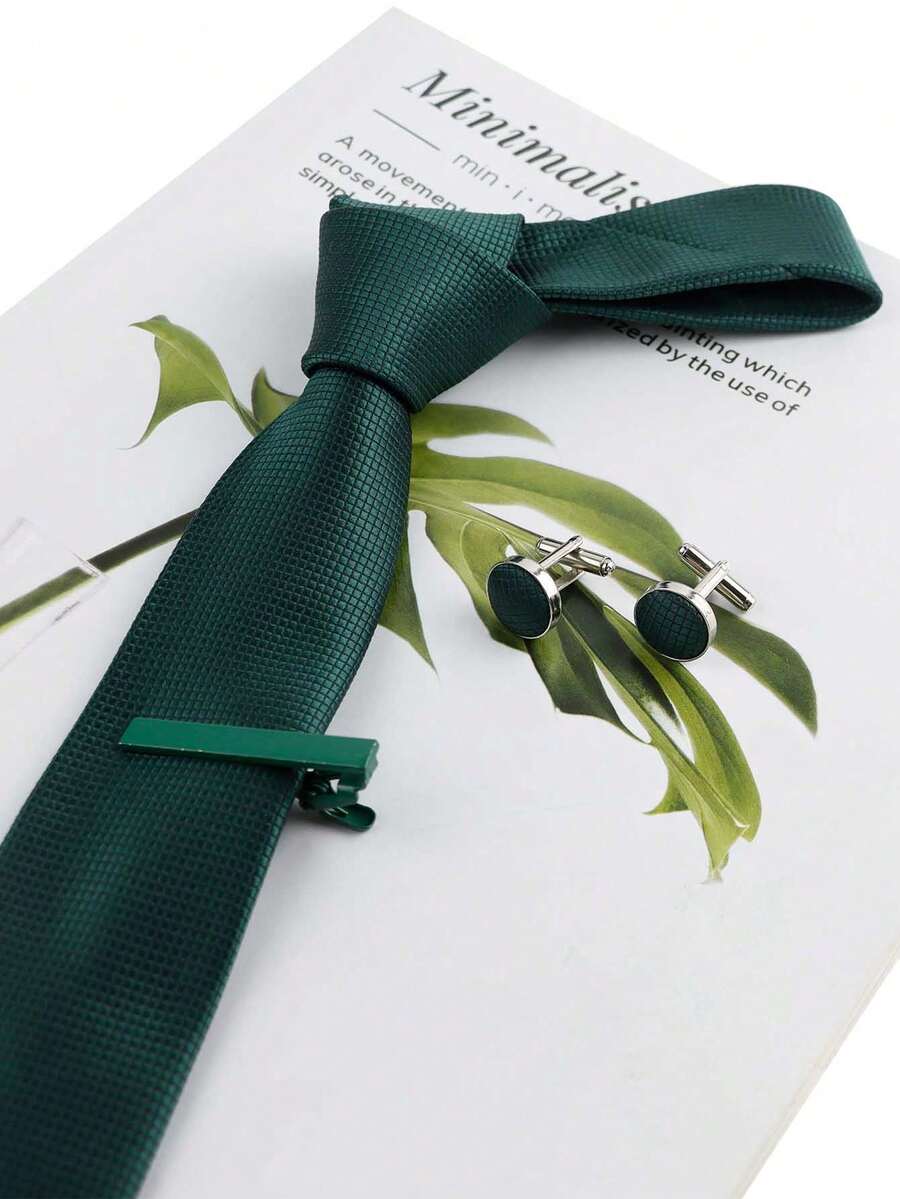 ZLQ&GOU 男士领带+领带夹+袖扣三件套，纯深绿色，带有精致格纹图案，适合婚礼、办公室、商务聚会、度假、父亲节等场合。 - 墨綠色 - 查看 1