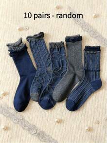 5双装女士藏蓝色复古中筒袜，经典休闲款式，适合秋冬季日常穿着 - 彩色 - 查看 12