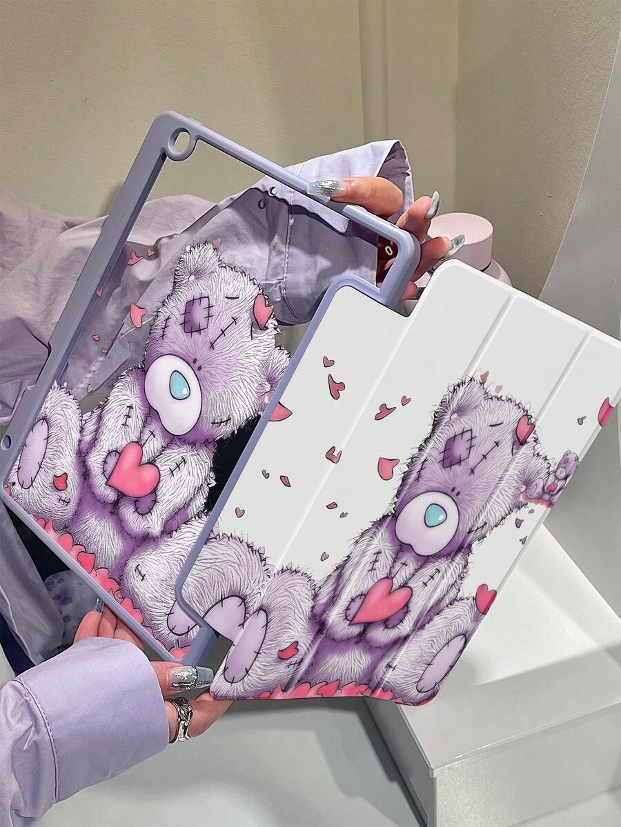 A Cute Cartoon Purple Bear Heart Pattern Double-Sided Acrylic Transparent Crystal Back Cover, Shock-Proof, Suitable For IPad 7th, 8th, 10th Generation (10.2 Inch), Built-In Pen Slot, Support Sleep/Wake Function, Ideal Gift Choice - Multicolor - View 1