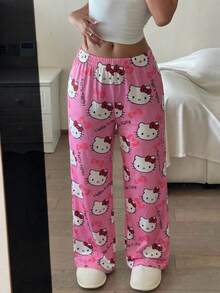 SANRIO 1件柔软可爱玫红色印花直筒裤，女士卡通睡衣家居裤 - 玫紅色 - 查看 2