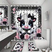 1件/4件套卡通可爱蝴蝶结小牛图案浴室浴帘套装 - A - 查看 8