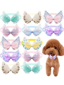 7件套双层亮片网纱翅膀领结，适合婚礼、生日派对和主题活动装饰，适用于中小型宠物，宠物美容项圈，款式随机。 - 彩色 - 查看 2
