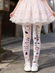 1 Pair Anime Cat & Music Note Apple Print Tights For Women - Multicolor - View 3