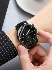 Men's Casual Quartz Watch And Wallet & Pen Office Set, Suitable For Daily Gatherings And Back-To-School Gifts, Birthday Gifts, Brown High-End Atmosphere Wallet Card Holder - Black - View 2