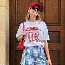 Lobster Graphic Fisherman Aesthetic Shirt Mermaid Lobster Shirt Y Coastal Italian Summer Clothes - High-Quality Pure Vintage Cotton T-Shirt Summer Outfits For Women Graphic Tees With Minimalist Printing, Suitable For Office Casual Wear, Spring And Summer Daily Appearance, White Shirt - 2026 New Women's Short-Sleeve T-Shirt - Graphic T-Shirts - Summer Tops - 2026 New Summer Outfits For Women - Vacation Outfits Women - 白色 - 查看 4