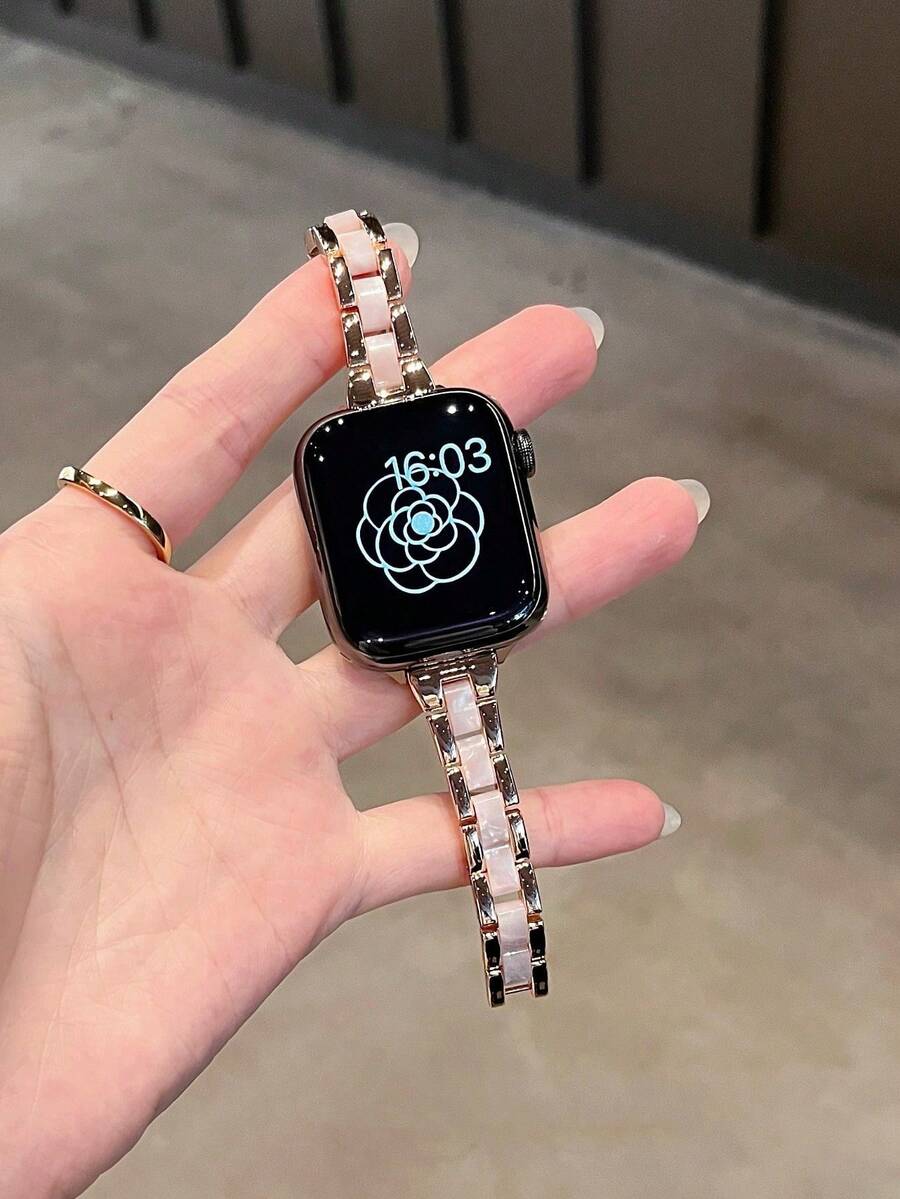 1条女士奢华小巧金属树脂腰带，兼容表带44mm、40mm、42mm、46mm、38mm、49mm、41mm、45mm，优雅设计，兼容 Series 11、10、9、8、7、SE、6、5、4、3、Ultra、2、1，女士礼物 - 玫瑰金 - 查看 1