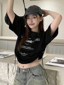 夏季字母印花抽绳休闲宽松女式T恤 - 黑色 - 查看 4