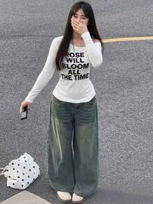 字母印花斜肩领长袖休闲修身女式T恤，春夏秋季款 - 白色 - 查看 3