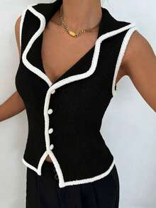 Joy Knit 女士春夏新款 - 夏季度假装 - 女士春季穿搭 - 简约休闲百搭 - 女士休闲衬衫 - 情人节穿搭 - 纯色撞色V领低领套头针织背心，配大号金属纽扣，适合休闲外出和日常穿着 - 女士沙滩装 - 女士外出上衣 - 女士度假装（黑色） - 黑色 - 查看 4