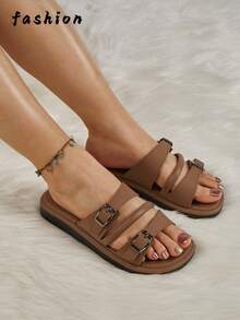 New Spring/Summer Women's Fashion Casual Double Strap Adjustable Design Breathable Non-Slip Slippers, Suitable For Beach, Home, Office, Walking, Versatile Brown Color Matching Women Sandals - Brown - View 4