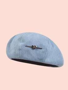 1pc Retro Denim Blue Heart-Shaped Beret Hat For Women, Metal Heart Decor Artist Cap, Versatile Spring/Autumn Hat, Adjustable Lining Fits Different Head Sizes School - Beret - View 8