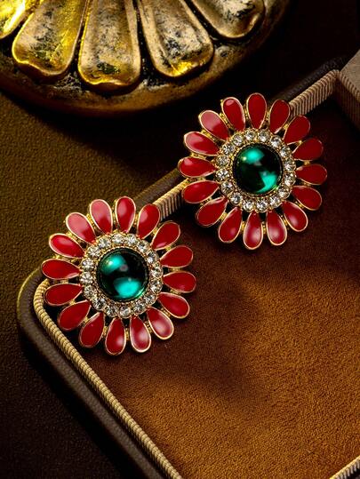 1 Pair Vintage Glazed Sunflower Design Earrings, Innovative Classic Elegant Luxury Niche High-End Fashion Jewelry, Suitable As A High-Quality Gift, For Daily Wear, Parties, Banquets And Celebration Occasions