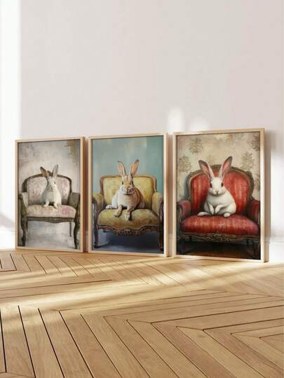 Bộ 3 tranh áp phích Phục Sinh không khung hình những chú thỏ đáng yêu với nhiều tư thế khác nhau trên ghế sofa, tranh nghệ thuật vui nhộn, trang trí tường hình động vật lấy cảm hứng từ phong cách cổ điển, món quà hoàn hảo cho các dịp lễ hội.