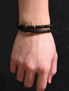 1pc Vintage Leather Tiger Eye Braided Bracelet For Men, European And American Style Tiger Eye, Volcanic, Natural Agate Multi-Layer Black Bracelet - Multicolor - View 9