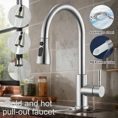 1 Set Mutfak ve Balkon Lavabo Musluğu, 3 Modlu Döner Başlıklı Sıcak ve Soğuk Su Musluğu, Montaj Aksesuarları ve Hortumu ile Birlikte, Lavabo Mutfak Eşyaları Mutfak Aksesuarları Mutfak Aletleri