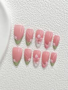10pcs Premium Elegant Acrylic Nail Art Set, Handmade 5-Petal Flower Nail Decorations, Silver Rhinestone Accents, Pink 3D Camellia, Green Nail Polish, Includes Nail Tools (1 Jelly Sticker + 1 Nail File), 3 Sizes Available: Almond, Duck Mouth, Coffin Shape, Suitable For Women And Girls Press On Nails - Nhiều màu - Xem 15