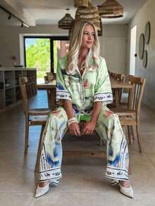 2pcs Set: City Print Shirt With Decorative Trim & Wide Leg Pants, Fashion Style - 綠色 - 查看 6