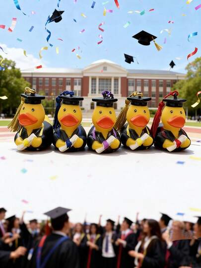 3件套毕业季橡皮鸭摆件，造型为毕业礼服和毕业帽，多种颜色可选，带流苏。适用于毕业派对、汽车内饰、办公桌摆件，也可作为毕业礼物。同样适用于毕业照拍摄、毕业典礼装饰和节日装饰。