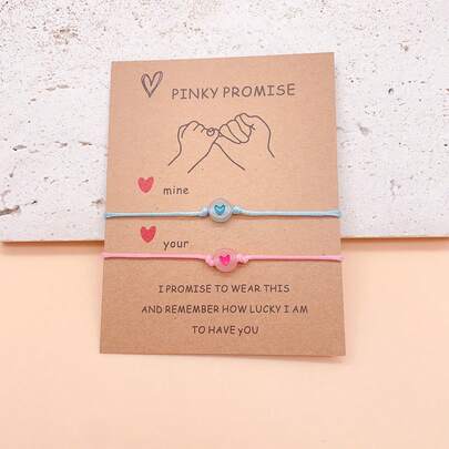 2条装夜光扁平圆形串珠手链，心形图案，可调节腕饰，适合闺蜜/情侣佩戴