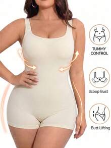 1pc Women's Beige Seamless Square Neck Jumpsuit, Slimming Shapewear, High Elasticity Breathable Fabric Suitable For Summer Daily Wear - Beige - View 1