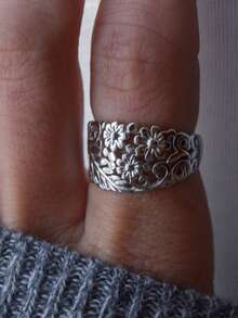 1pc Bohemian Style Vintage Silver Flower Pattern Ring, Suitable For Wedding, Engagement, Promise, Daily Wear - Silver - View 6