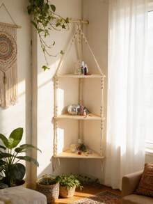 1件波西米亚风手工编织白色绳索和米色挂式转角置物架，装饰收纳架，适用于卧室、浴室、办公室、客厅、家居装饰、房间装饰、墙面装饰，生日/毕业礼物 - 彩色 - 查看 3