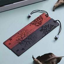 1个中国风红木书签，创意雕刻复古书签，学生阅读配件，学校文具 - 方形 - 查看 2