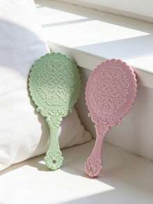 Solid Color Minimalist Handheld Mirror, Featuring Elegant Floral Pattern, Ideal Gift For Mom, Bride, Daughter, Suitable For Christmas, Wedding, Mother's Day, New Year, Friendly Gift For Women, Applicable For Dating, Party, Classroom, Indoor And Outdoor Scenarios - Multicolor - View 9