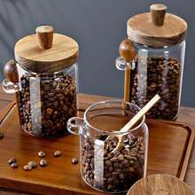 3pcs Transparent Glass Jars With Wooden Lids And Spoons, Household Storage Containers For Coffee Beans, Dried Fruits, Snacks, Glass And Wooden Material, Decorative Kitchen Storage Style, Transparent Jar Pattern, Suitable For Tea, Nuts, Sugar, Salt Food Storage Jars, Practical Countertop Storage - Multicolor - View 2