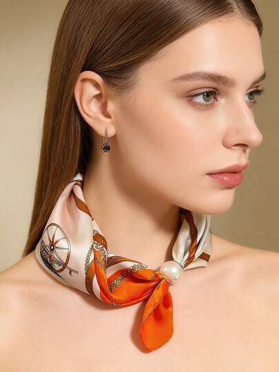 1pc Solid Color Pearl Magnetic Triangle Scarf, Long Versatile Necklace Chain Collar For Women