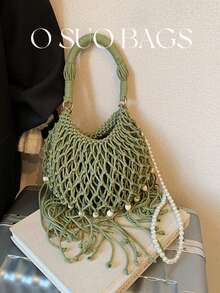 女士手提包，时尚简约，优雅百搭，钩编草编带流苏，搭配珍珠可拆卸肩带，适合海滩、度假、假日、夏季、海边等场合。 - 綠色 - 查看 9